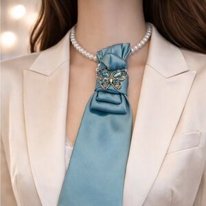 Pearl Necklace with Teal Satin Bow & Butterfly Brooch